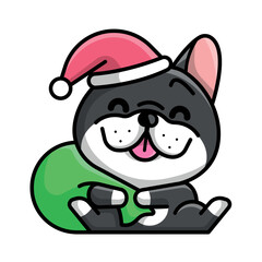 A CUTE FRENCH BULLDOG WITH CHRISTMAS HAT IS CRYING A GIFT BAG