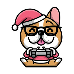 A CUTE FRENCH BULLDOG WITH CHRISTMAS HAT IS PLAYING VIDEO GAME