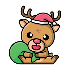 A CUTE REINDEER WITH A SANTA HAT IS CARRYING A PRESENT BAG