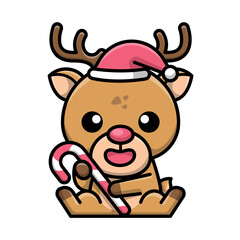 A CUTE REINDEER WITH A SANTA HAT IS HOLDING A CANDY