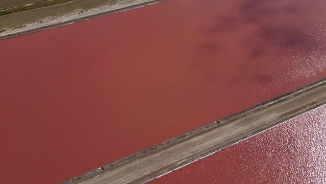 Aerial shot of bright pink Salt ponds tilt up to reveal mountain ranges. 