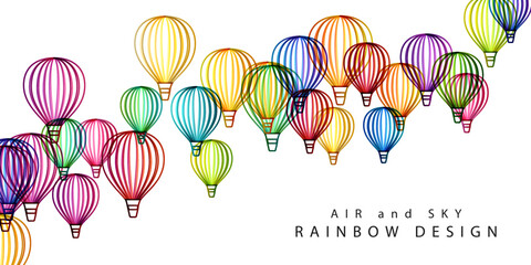 Rainbow air balloons composition. Colorful abstract vector background. Horizontal decoration element for travel, adventure, holiday or festival conceptual design.