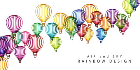 Papier Peint photo Lavable Montgolfière Rainbow air balloons composition. Colorful abstract vector background. Horizontal decoration element for travel, adventure, holiday or festival conceptual design.