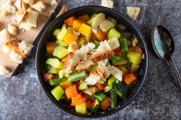 Minestrone with mixed vegetables with croutons. Healthy and nutritious dish, ideal for lunch or dinner and completely plant based. Vegetables soup.