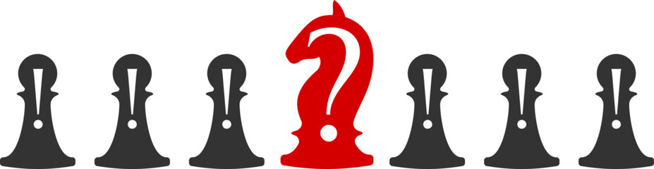 Business conceptual illustration with chess symbols. Pawns with exclamation marks and horse with question.