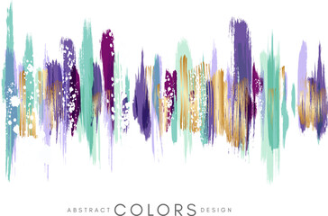 Colorful hand drawn decorative element from brush strocks. Abstract creative design from green, violet, purple and golden paint lines.