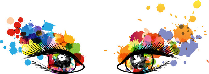 Beautiful colorful eyes with rainbow paint splash decorative elements. Conceptual vector illustration in artistic style.