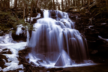 water cascades over the falls at this waterfall from Ricketts Glen, Pennsylvania
