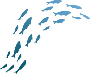 Colony of swiming sea or aquarium fishes. Group of silhouttes .