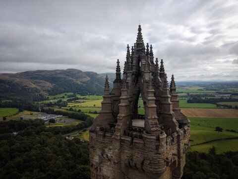 Aerial view of National Wallace Monument in Stirling, Scotland