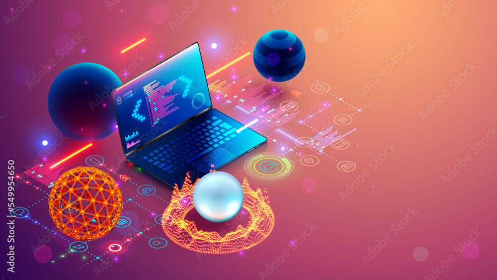 Leinwandbilder Software development. Programming, coding, software testing on laptop. Abstract program code on computer screen. Laptop, icons of computer tech. Digital Computer technology isometric concept.