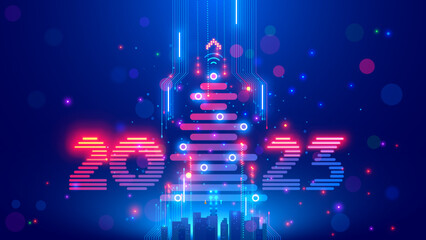 Fototapeta Christmas poster with christmas tree, digits 2023 in electronic technology style. New year, merry christmas congratulations card in cyber computer design. Tech digital banner of event in 2023 year. obraz