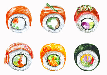 Sushi maki rolls set asian food collection watercolor hand drawn elements