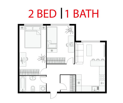 Plan floor apartment. Studio, condominium. Two bedroom layout floor plan. Interior design elements kitchen, bedroom, bathroom with furniture. Vector floorplan living room. Architectural plan