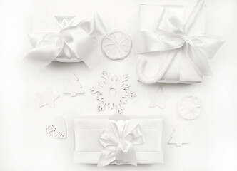 Gift white box with a bow on a white background. Holiday concept.Christmas. New Year.
