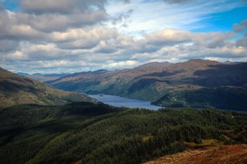 View of Loch Lomond lake and surrounding mountains, Scotland