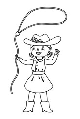 Cowgirl kid twirling a lasso. Vector outline illustration for children coloring page.