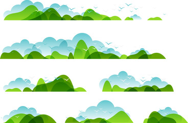 Fototapeta premium Panoramic of countryside landscapes collection, Horizontal borders of summer or spring landscape with clouds, mountains, hills and flying birds.