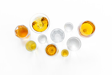 Strong alcohol set. Hard alcoholic drinks in glasses in assortment
