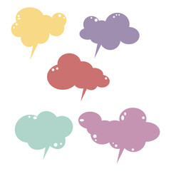 Set of color speech bubbles. Cartoon Vector illustration. Isolated on transparent white background. Hand draw style, dialog clouds