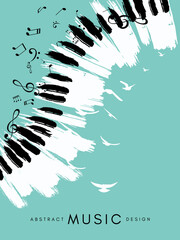 Piano concert poster. Music conceptual illustration. Abstract style blue background with hand drawn piano keyboard, notes and birds - obrazy, fototapety, plakaty