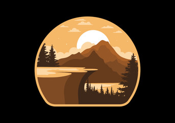 Landscape illustration of a rock cliff above a pine forest with mountain and lake views