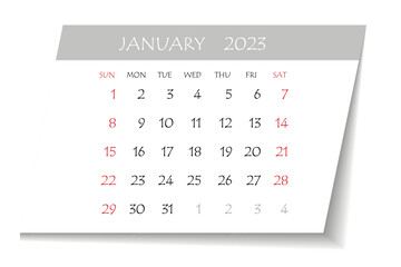 January 2023 calendar planner. Corporate week. Template layout, 12 months yearly, white background. Simple design for business brochure, flyer, print media, advertisement. Week starts from Monday