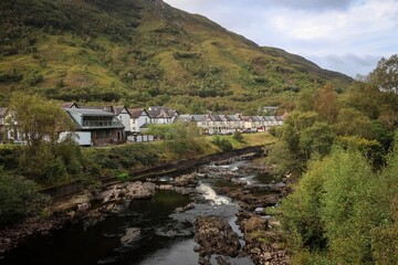Fototapeta na wymiar Village of Kinlochleven autumn view, Highlands, Scotland
