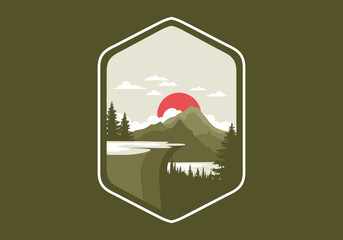 Landscape illustration of a rock cliff above a pine forest with mountain and lake views