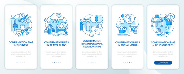 Examples of cognitive bias blue onboarding mobile app screen. Walkthrough 5 steps editable graphic instructions with linear concepts. UI, UX, GUI template. Myriad Pro-Bold, Regular fonts used