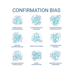 Confirmation bias turquoise concept icons set. News literacy. Information research idea thin line color illustrations. Isolated symbols. Editable stroke. Roboto-Medium, Myriad Pro-Bold fonts used