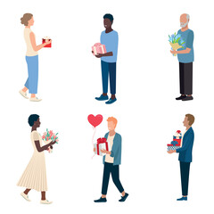 Fototapeta premium Happy people with gifts in their hands. A set of vector illustrations of friendly people of different ages in a simple style. Shopping, sale and holiday greetings.