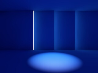 Blank blue display on blue background with minimal style and spot light. Blank stand for showing product. 3D rendering.