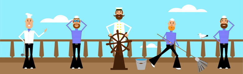 vector illustration of cartoon sailors and captain flat.