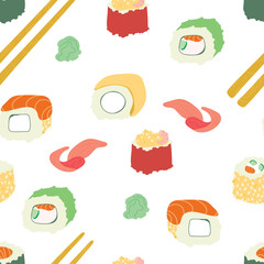 Sushi rolls pattern seamless. Traditional Japanese food background. Vector texture