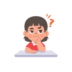 a Asian girl in doubt or have a question on the desk, illustration cartoon character vector design on white background. kid and education concept.