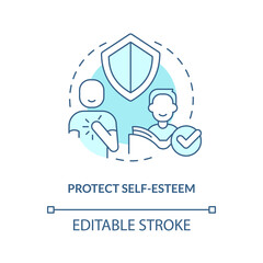 Protect self-esteem turquoise concept icon. Explanation of confirmatory bias abstract idea thin line illustration. Isolated outline drawing. Editable stroke. Arial, Myriad Pro-Bold fonts used