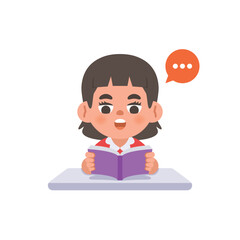 a Asian girl study reading the book on the desk, illustration cartoon character vector design on white background. kid and education concept.