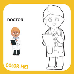 Kids’ dream job theme coloring page for kids. An Indian little doctor with stethoscope on his neck. Educational printable coloring worksheet. Kawaii cartoon vector illustration file. 