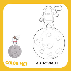Kids’ dream job theme coloring page for kids. An astronaut standing on the moon and holding a white flag. Educational printable coloring worksheet. Kawaii cartoon vector illustration file. 