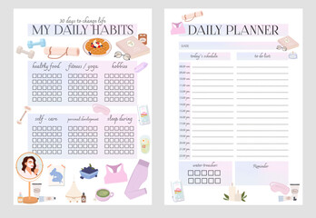 Collection of planner and daily habits check list. Schedules and daily routines. Editable vector illustration.