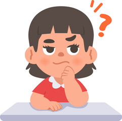 a Asian girl in doubt or have a question on the desk, illustration cartoon character vector design on white background. kid and education concept.