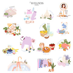 Wellness stickers collection with self care, yoga, healthy food and mental health elements. Editable Vector illustration.