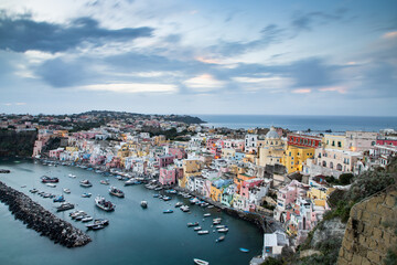 beautiful italian island procida famous for its colorful marina, tiny narrow streets and many...