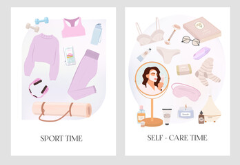 Collection posters of Spot time and Self care time. Body care, Self love, Mental health inspiration poster. Editable vector illustration.