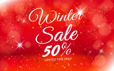 Fototapeta na wymiar ウィンターセール　暖かい　冬のデザイン　星と雪の結晶と赤い背景　Winter background design