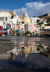 beautiful italian island procida famous for its colorful marina, tiny narrow streets and many...