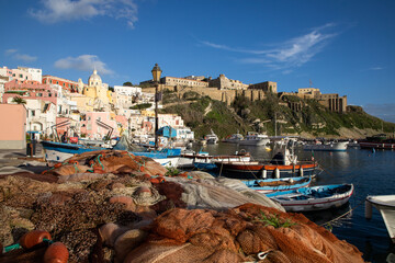 beautiful italian island procida famous for its colorful marina, tiny narrow streets and many...