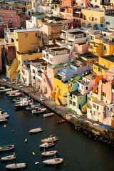 beautiful italian island procida famous for its colorful marina, tiny narrow streets and many...