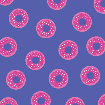 Pink donuts pattern vector isolated on blue background. Cartoon flat colored drawing for walllpaper or backdrop with square shaped template.